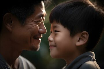 Obraz premium Close Up Portrait of Happy Asian Father and Son Looking at Each Other in the Park