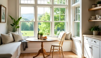 A cozy and bright breakfast nook with a round wooden table, built-in bench seating, and large windows overlooking a lush green outdoor view