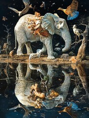 Obraz premium A majestic elephant stands in a serene landscape, surrounded by vibrant birds and reflections on calm water.