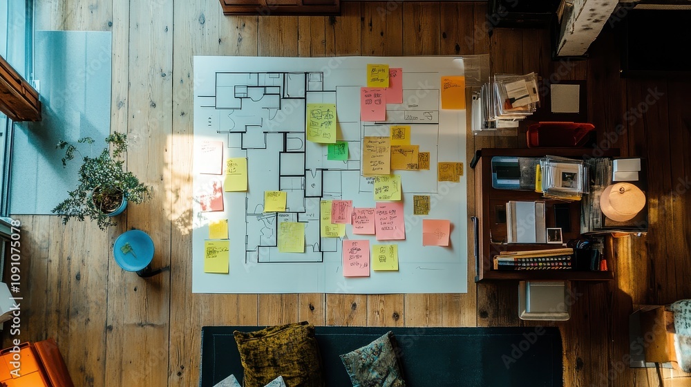 Poster a top-down view of a floor plan with colorful sticky notes for brainstorming or planning.