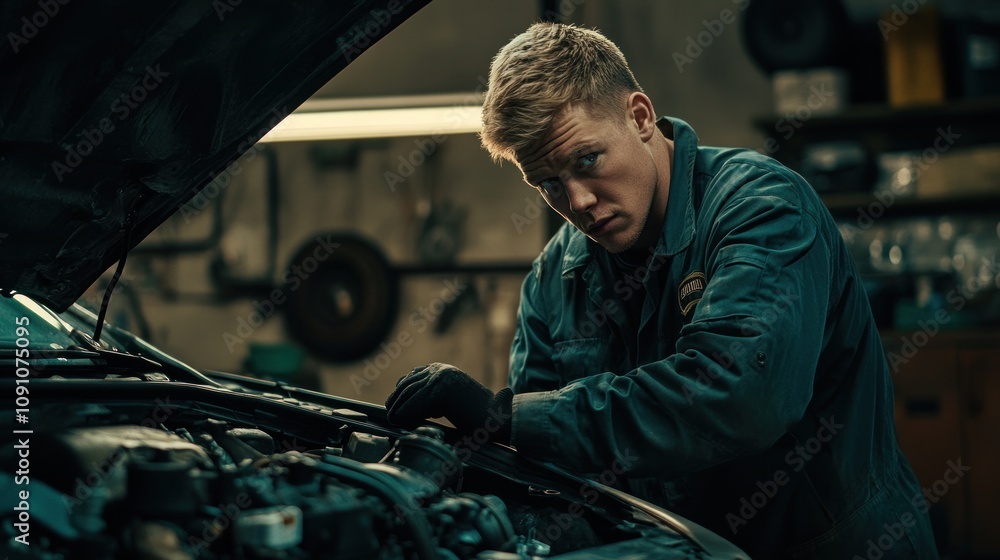 Poster a mechanic working on a car engine in a workshop, focused and attentive to details.