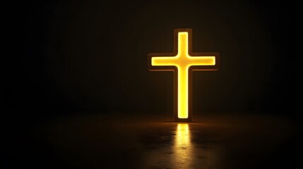 A glowing golden cross on a black background. Light from the top illuminates the cross and casts its shadow below it