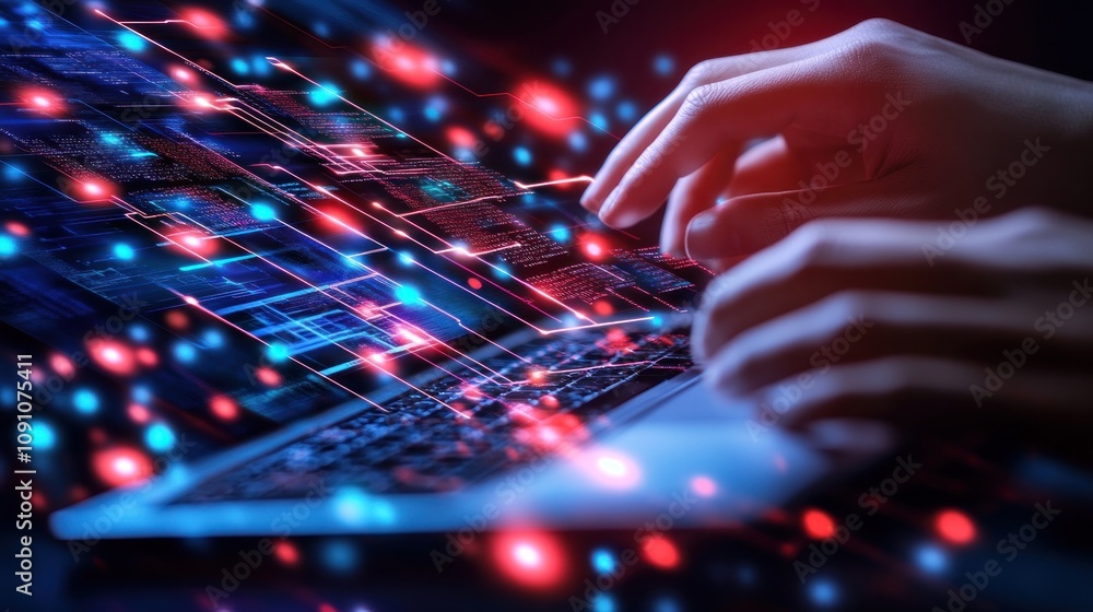 Aufkleber a close-up of hands typing on a laptop with digital effects and glowing data elements.