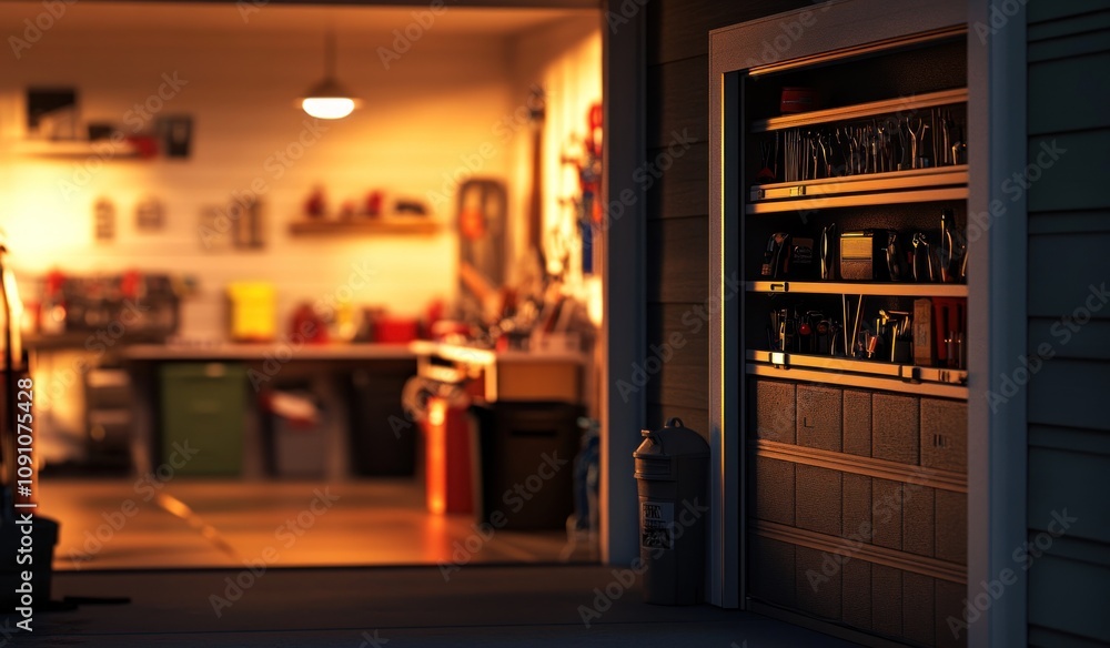 Poster a garage scene with tools and organized storage, illuminated by warm light.