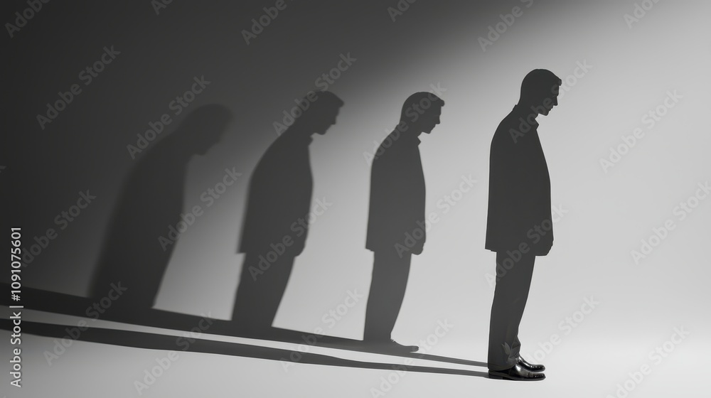 Poster man standing with shadows depicting sense of introspection and contemplation. shadows create visual 