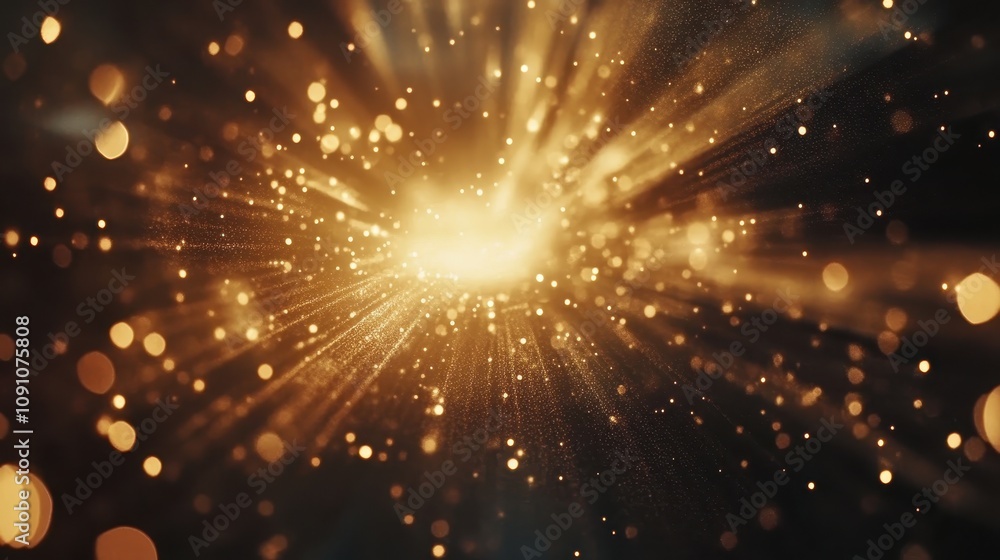 Poster a burst of golden light with sparkling particles creating a dynamic, ethereal effect.