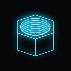 Obraz premium Neon blue glowing outline of a hex nut on a black background