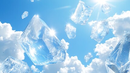 Obraz premium Floating ice cubes against a bright blue sky with clouds, creating a refreshing atmosphere.