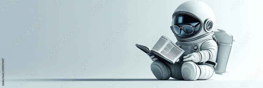 Poster a cute astronaut reading a book in a minimalist setting.