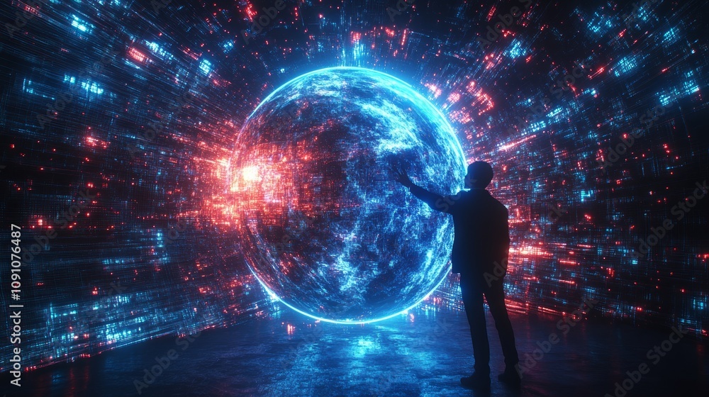 Poster man interacts with a glowing digital earth in a futuristic setting.