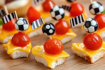Soccer Party Snacks for Fans with Cheese, Tomatoes, Olives and Bread