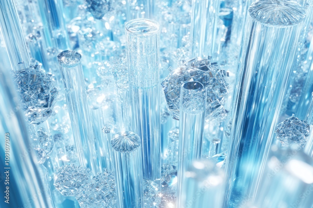 Aufkleber a close-up view of crystalline structures in a blue-hued environment.