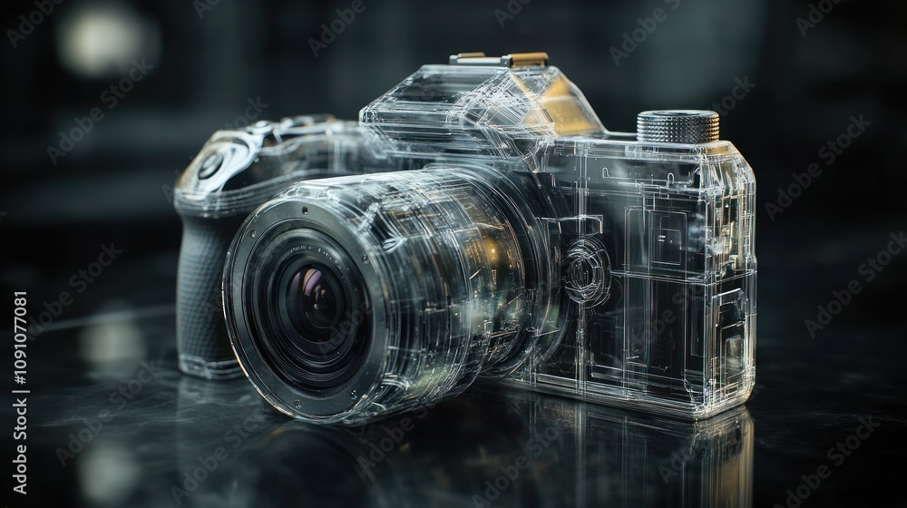Poster a transparent camera showcasing intricate details of its design and mechanism.