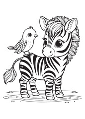 Obraz premium coloring page design cute zebra with little bird