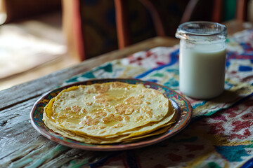 Serving aofthanit tortillas with milk at a cozy table in a rustic setting