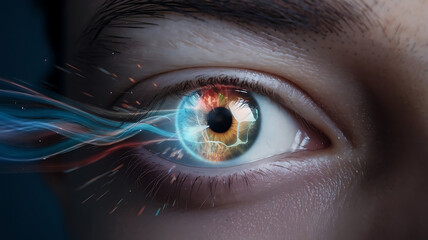 Fototapeta premium Futuristic blue eye with circuitry details
