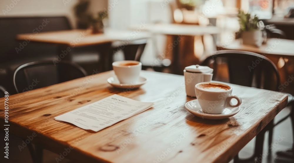 Aufkleber a cozy caf? table with two cups of coffee and a menu in a warm, inviting atmosphere.