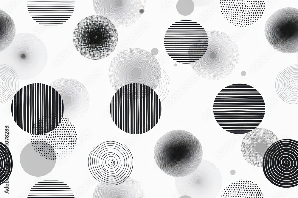 Poster abstract minimal seamless pattern design with geometric circles and lines in black and white featuri