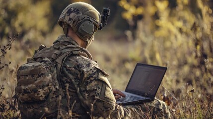 A soldier works on his laptop.