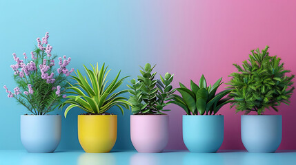 Obraz premium Colorful Potted Plants on Blue and Pink Gradient Background