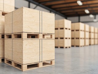 Wooden crates stacked in a spacious warehouse, showcasing efficient storage solutions and organization.