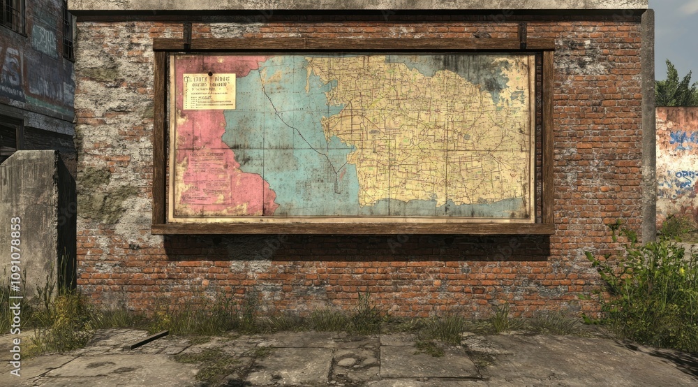 Poster An old map displayed on a brick wall, showcasing geographical features and regions.