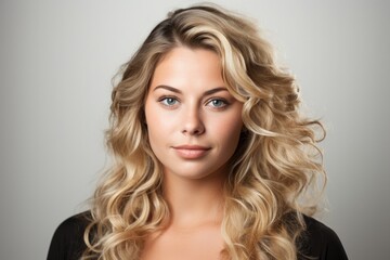 Fototapeta premium A 35-year-old overweight woman with curly blonde hair smiling against a neutral background.
