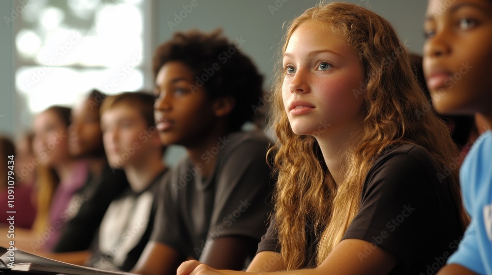 Aufkleber engaged students attending a lesson in a classroom setting, highlighting focused expressions and div