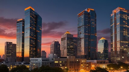 Obraz premium High-rise buildings under a glowing orange sky at dusk, offering a warm and serene urban atmosphere