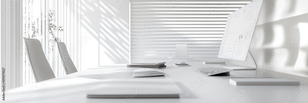 Poster a minimalist office workspace featuring a computer and clean lines.