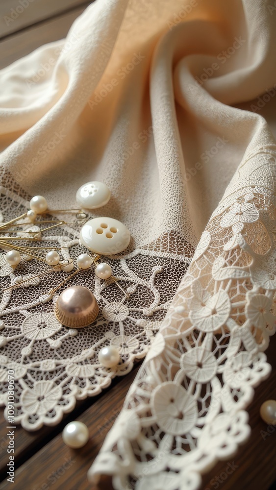 Poster a white lace fabric with a bunch of buttons and pearls on it