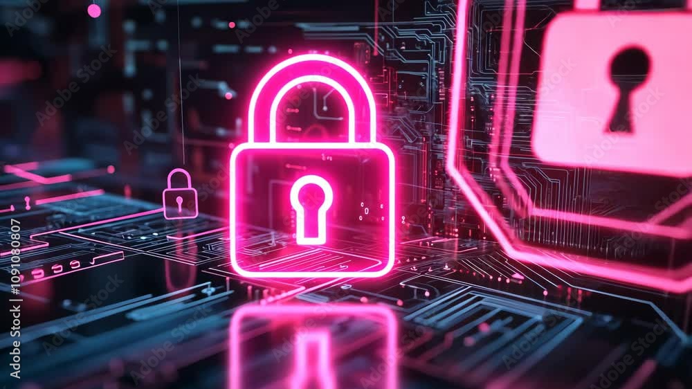Poster hacker attack system, cybersecurity hologram and lock icons video