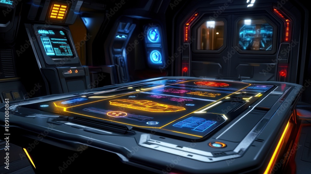 Aufkleber A futuristic control room featuring a high-tech table with glowing interfaces and displays.