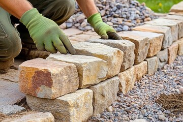 Man Working in Garden Laying Stone Blocks for Dry Stone Wall Landscaping