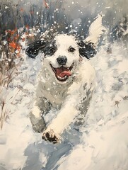A joyful dog runs through the snow, embodying pure happiness and playfulness in a winter wonderland.