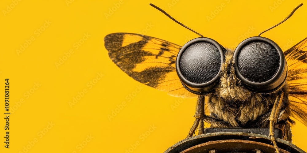 Aufkleber small moth wearing aviator glasses posing on an object with yellow background, showcasing unique fea