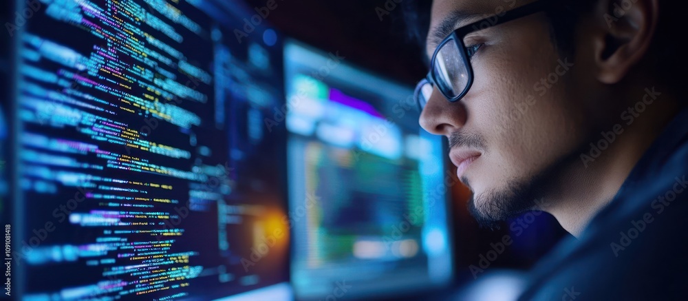 Poster a focused individual examines code on multiple screens in a dimly lit environment.