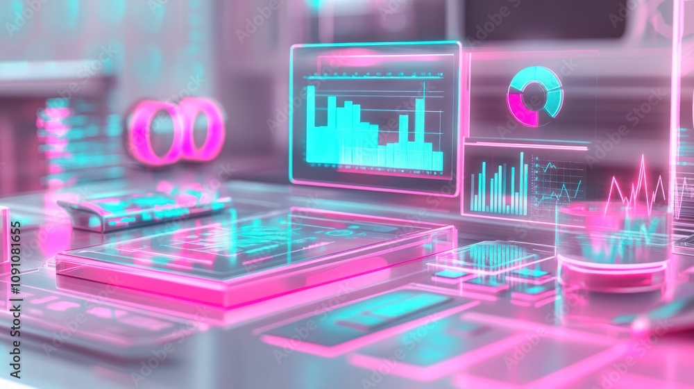 Poster Futuristic digital interface with graphs and data visualizations in neon colors.