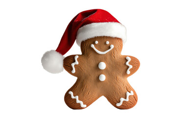 Gingerbread Man Wearing Santa Hat Isolated on Transparent Background