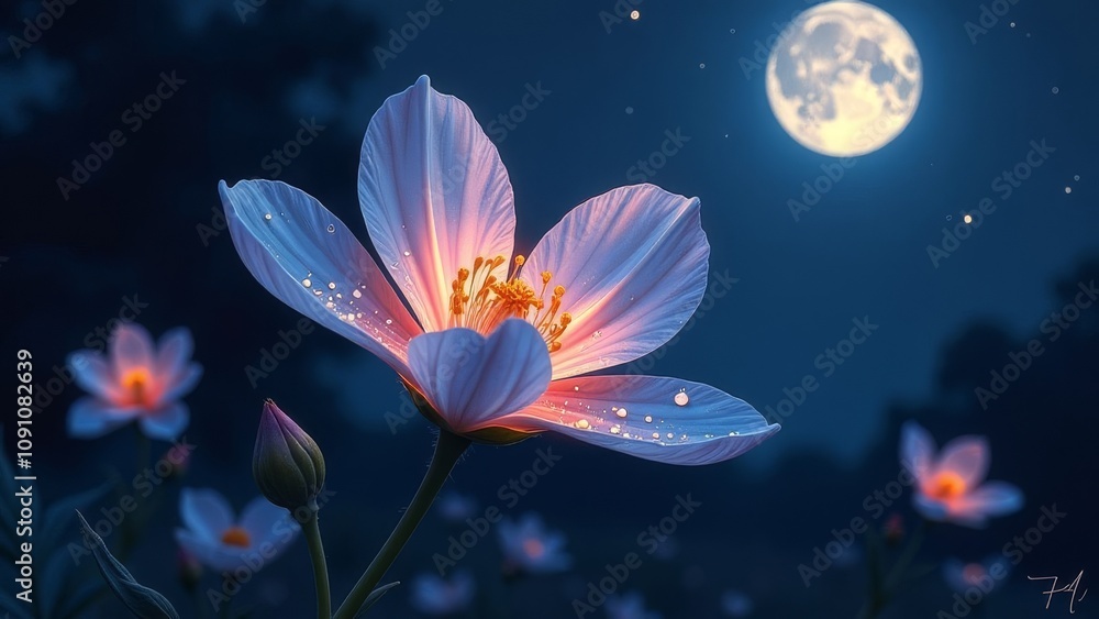 Poster a close up of a flower with a moon in the background