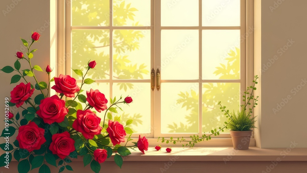 Poster A window with a view of a tree and a bunch of red roses