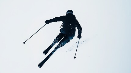 Skier Performing an Impressive Mid-Air Jump in a Frozen Landscape Captured in High-Contrast Silhouette Against a Light Background