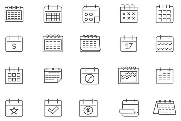 Calender outline icons set. Calendar, agenda, plan editable stroke outline icons set. Week premium line icons. Premium symbols for your design. Editable vector objects isolated on a white background.
