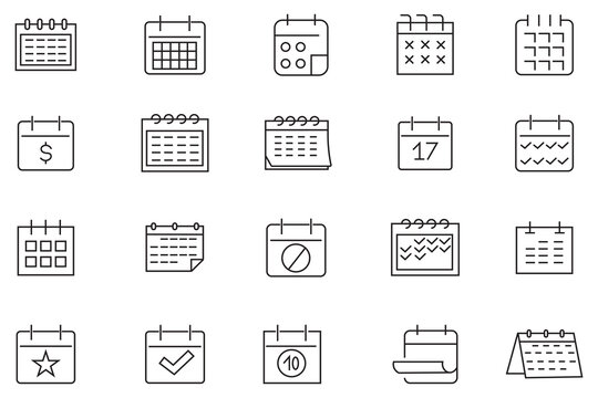 Calender outline icons set. Calendar, agenda, plan editable stroke outline icons set. Week premium line icons. Premium symbols for your design. Editable vector objects isolated on a white background.
