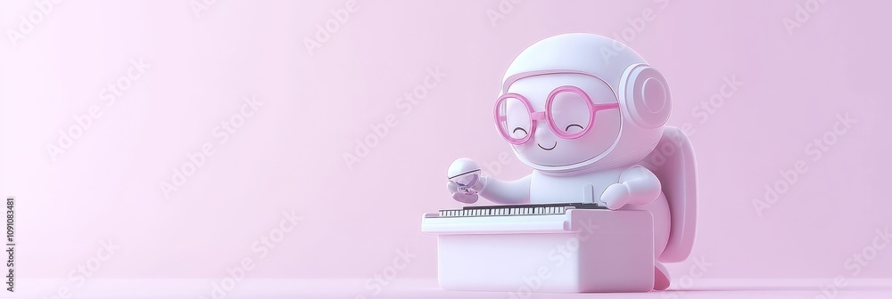 Poster a cute robot character typing on a keyboard, symbolizing technology and creativity.