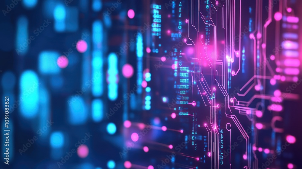 Poster abstract representation of digital circuits with vibrant colors and glowing elements.
