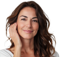 Portrait of a Smiling Mature Brunette on Transparent Background, Woman in Her 40s or 50s, Beauty in Middle Age, Skincare, Nude Make Up, Natural Cosmetics Concept, Cut Out. 