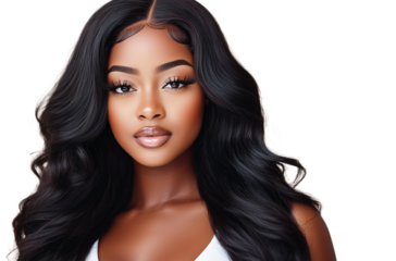 Portrait of Elegant Black Woman with Long, Wavy Straightened Black Hair, Nude Makeup, Lashes Extension, Glamourous and Sensual African American Female, Transparent Background.
