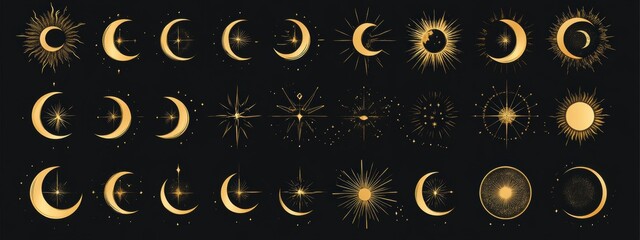 Golden Sun and Moon Symbols Graphic Set with Stars, Geometric Designs, Celestial Elements and Minimalist Aesthetic