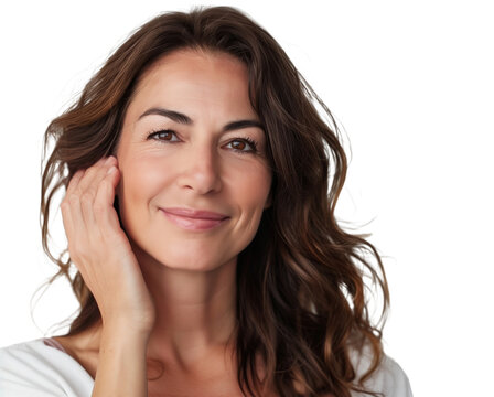 Portrait of a Smiling Mature Brunette on Transparent Background, Woman in Her 40s or 50s, Beauty in Middle Age, Skincare, Nude Make Up, Natural Cosmetics Concept, Cut Out. 